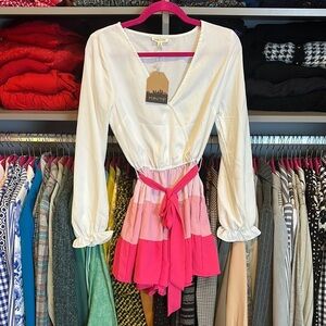 Mainstrip white/pink long sleeve v neck tiered belted romper size S NWT